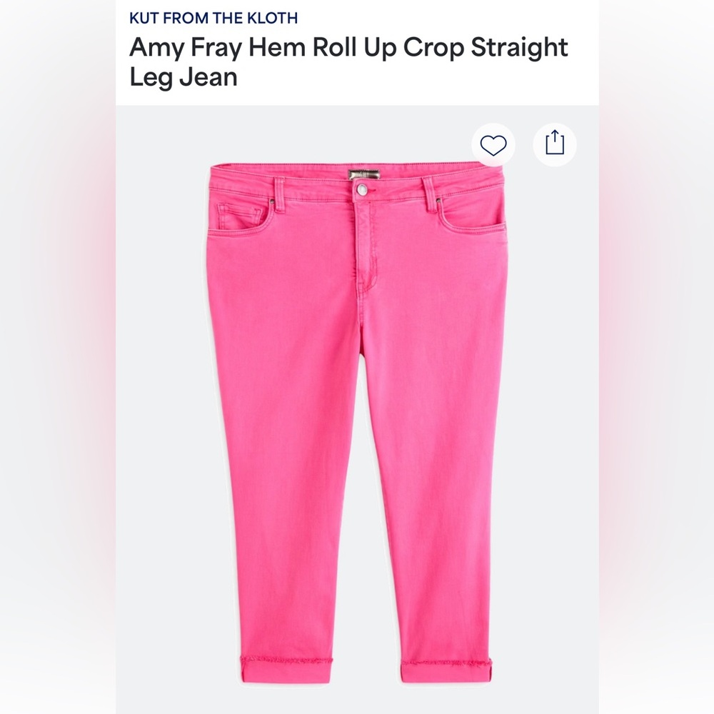 Kut from the Kloth Amy Fray Hem Roll Up Crop Straight Leg Jeans in Pink NWT